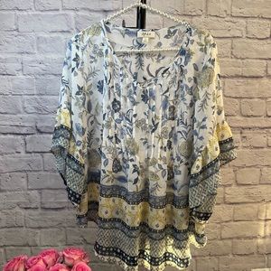 Style & Co. V Neck Bohemian Style Floral Blouse with Frilly Flowy Sleeves